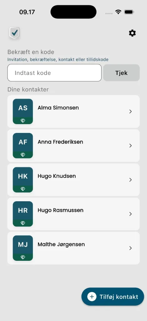 Kontaktbogen i ID-Truster med knappen Tilføj kontakt