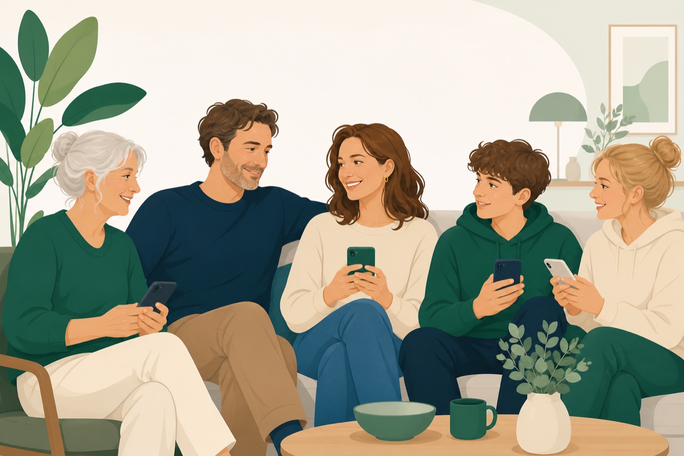 Illustration af familie og venner på tværs af generationer, der bruger ID-Truster sammen